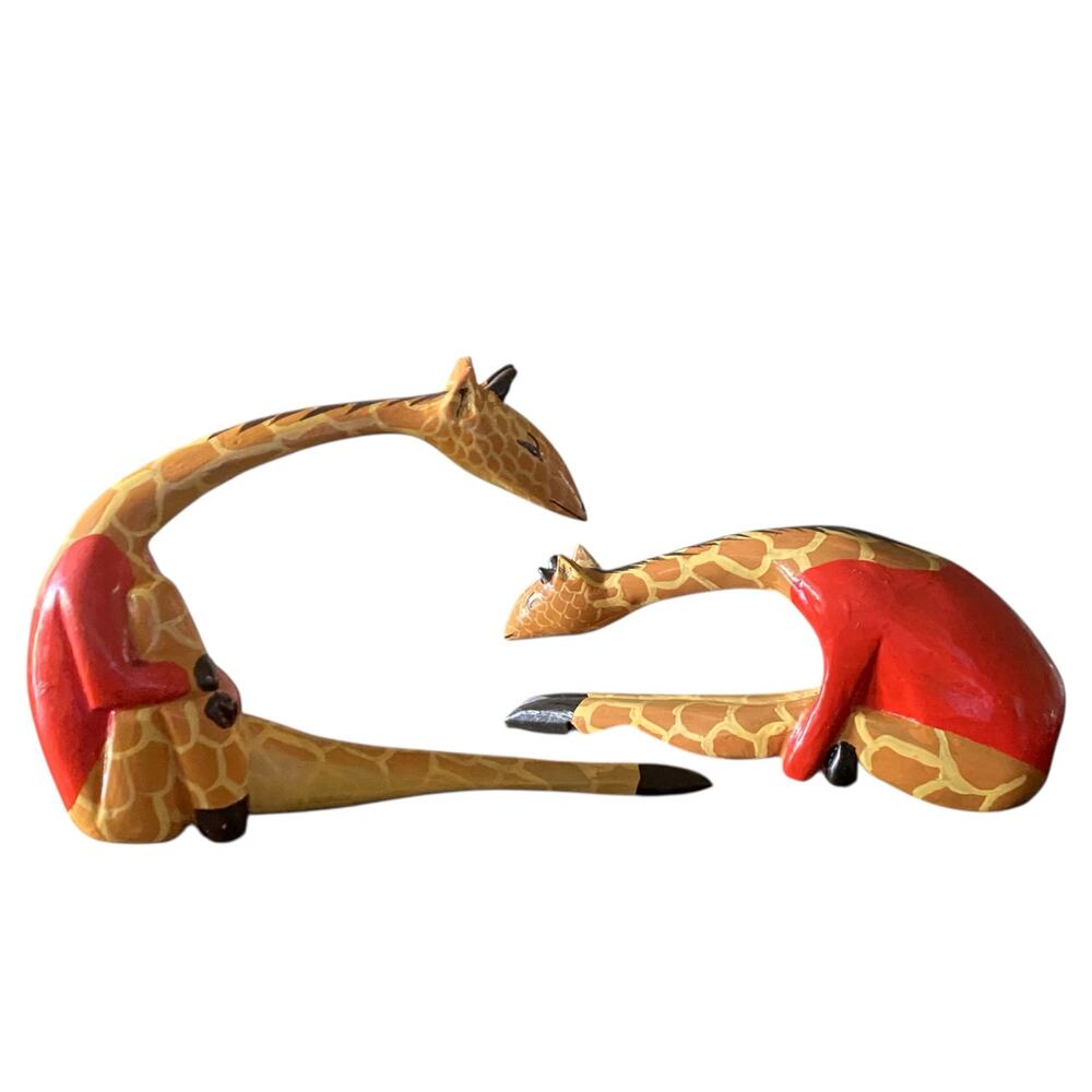 Hand Carved and Painted Wooden Ballerina Giraffes Stretching Signed by Artist